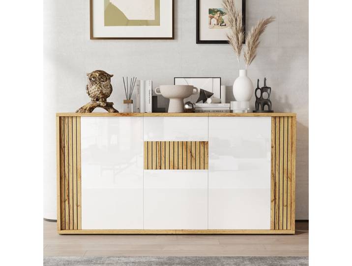 Buffet Moderne 140 cm Meuble en Bois Naturel et Blanc avec 3 Portes