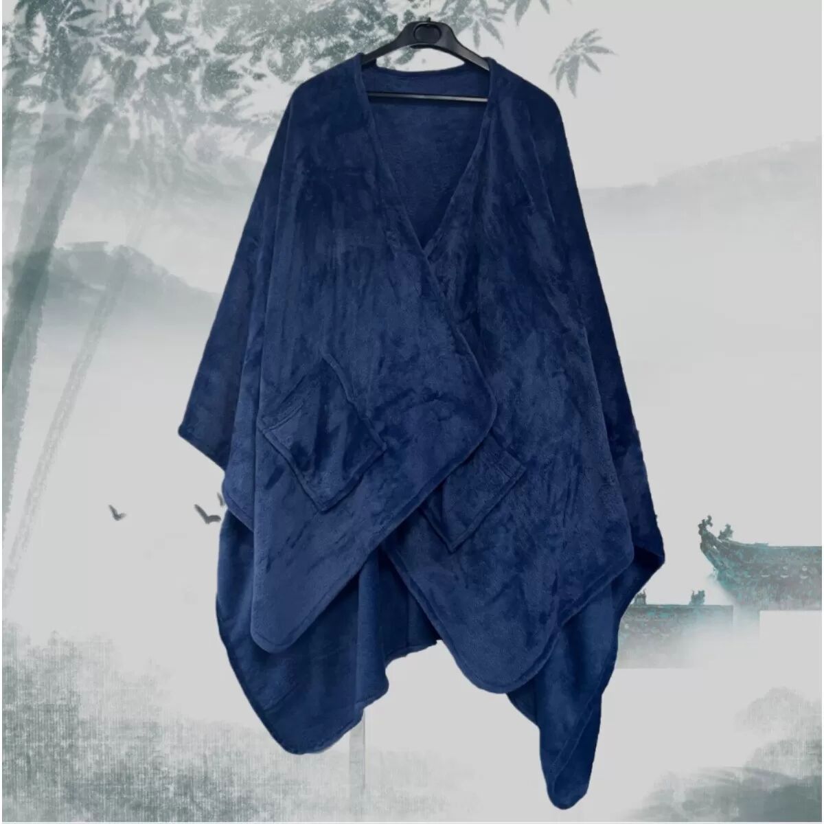 INF Gemütliches Herbst- & Winter-Plüsch-Tuch für Zuhause - Doppelseitige Flanell-Decke mit Taschen Navy blau