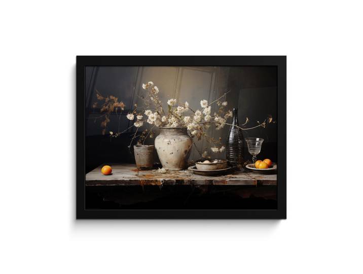 MuchoWow Poster MIT Rahmengerahmtes Bild - Stilleben - Blumen - Blumenstrauß - Vase - Wein - 40x30 cm, Schwarz, Papier, Rechteckig, 40x30 cm, gerahmt, Bilder & Rahmen, Bilder