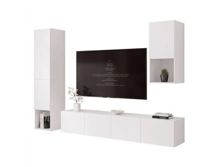 Ensemble Meuble TV ANGEL LINE III - Colonnes murale - 7 portes - LED intégré - Blanc mat