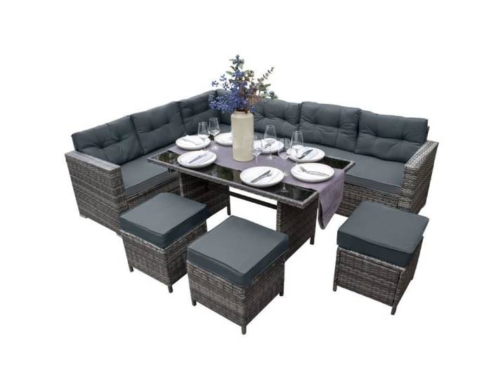 Salon de Jardin Gris en Rotin pour 9 Personnes Ensemble Table & Sièges