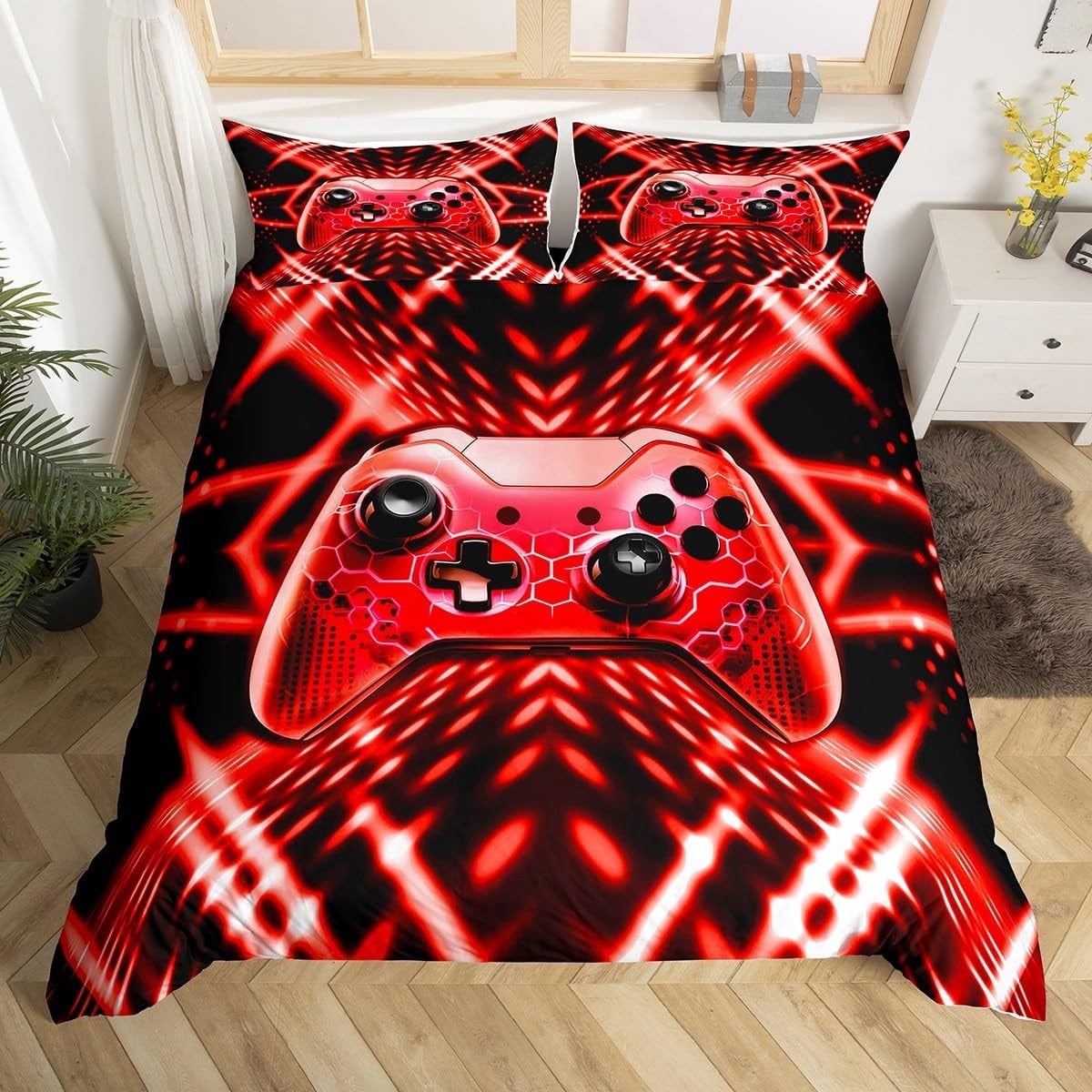 Gamer Beddengoed Set - Eenpersoons Dekbedovertrek - Rood/Zwart Geometrisch - 135 x 200 cm