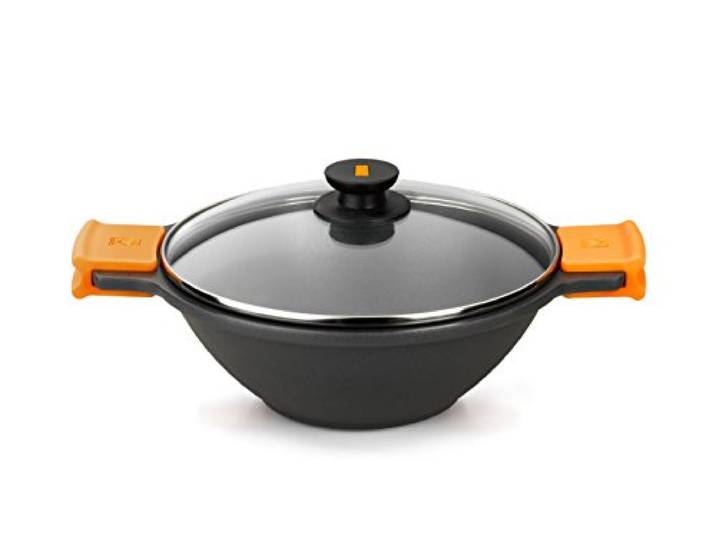 BRA Efficient Wok-Pfanne 24 cm, Aluminiumguss, Mit Glasdeckel Konkaver Kochtopf, Silikongriffe, Metall, Schwarz, Antihaftbeschichtung, PFOA-frei