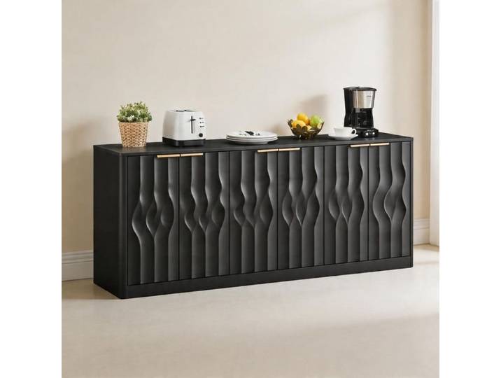 Buffet bas - 170 cm ondulé - 6 portes - MDF noir - Plateau aspect bois