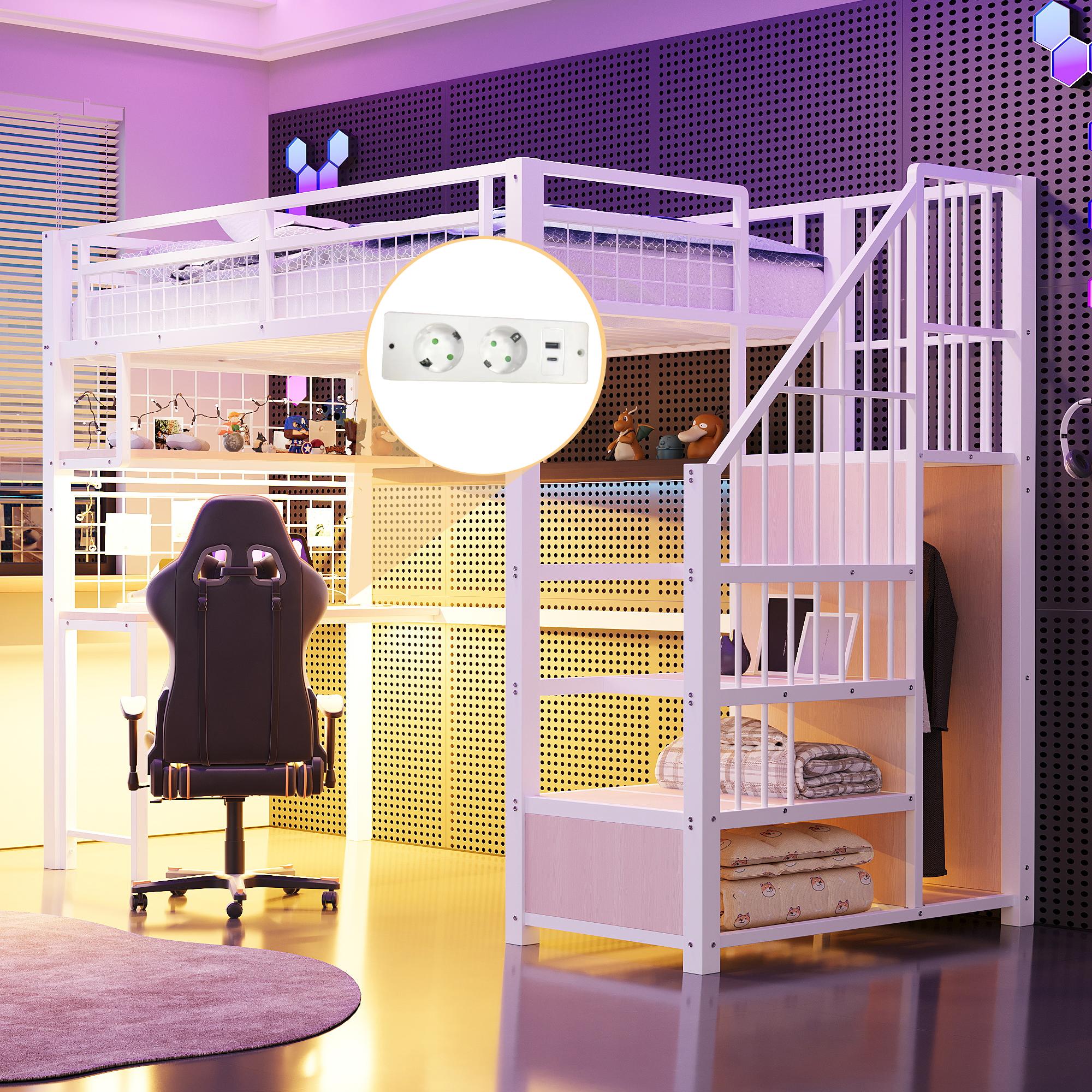 Flieks Etagenbett 90x200cm mit Schreibtisch und Regal, Kinderbett Hochbett mit Kleiderschrank, Jugendbett Einzelbett mit Eisengitter, Weiß