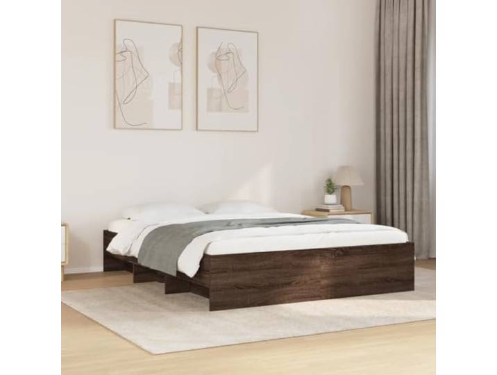 RJPLMFV Bettgestell, 150 x 200 cm, Braun Langlebiges Holzwerkstoff, Lattenrost inklusive, offene Staufächer