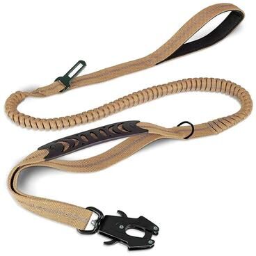 Inspired Finds Heavy Duty Tactical Bungee Dog Leash With Reflective Stitching And Car Seatbelt Clip For Large Dogs khaki
