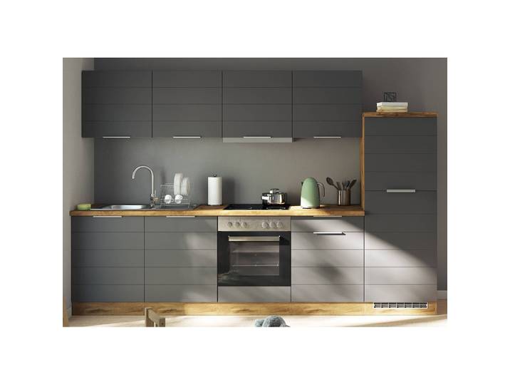 Küchenzeile Florenz II 300cm Grau/Matt Grau mit Elektrogeräten