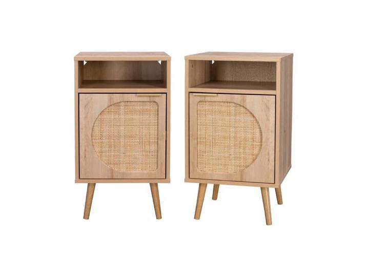 sweeek - Table de chevet décor bois et cannage arrondi 1 porte (lot de 2) EVA