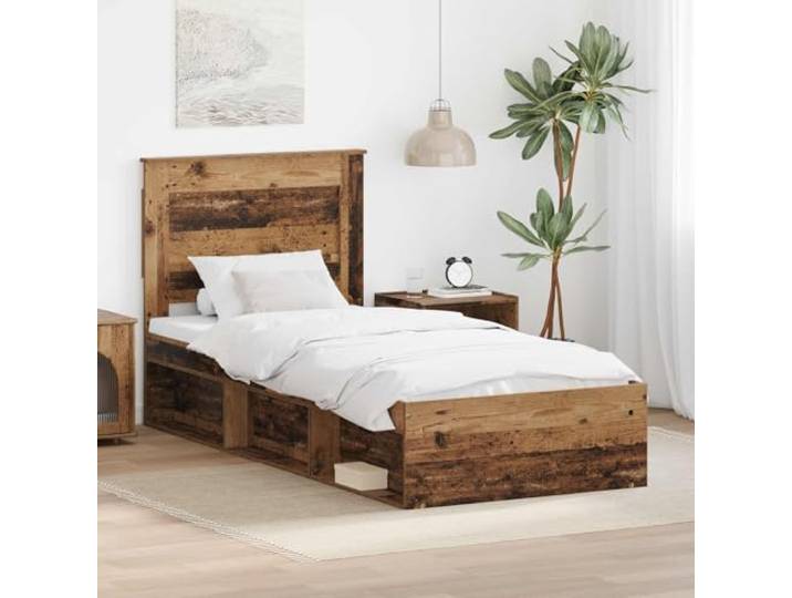Massives Kiefernholz Modernes Design Bettgestell Braun 90 x 190 cm Bettrahmen Altholz 90 x 190 cm Massives Kiefernholz Bettgestell mit LED Komfort Lattenrost Stabil