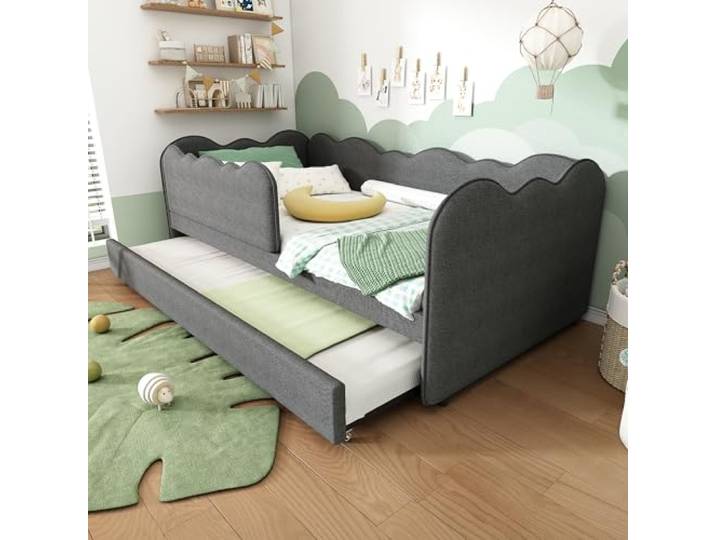 Bellemave Kinderbett 90x190 mit Ausziehbett,Polsterbett Grau Leinen-Polsterbezug,Inklusive Lattenrost,ausziehbares Zusatzbett, wolkenförmiges Design,belastbar bis 150 kg