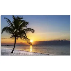 Wallario Herdabdeckplatte 60 x 52 cm (BxH), 2-teilig Palme am Strand - Sonnenuntergang über dem Meer