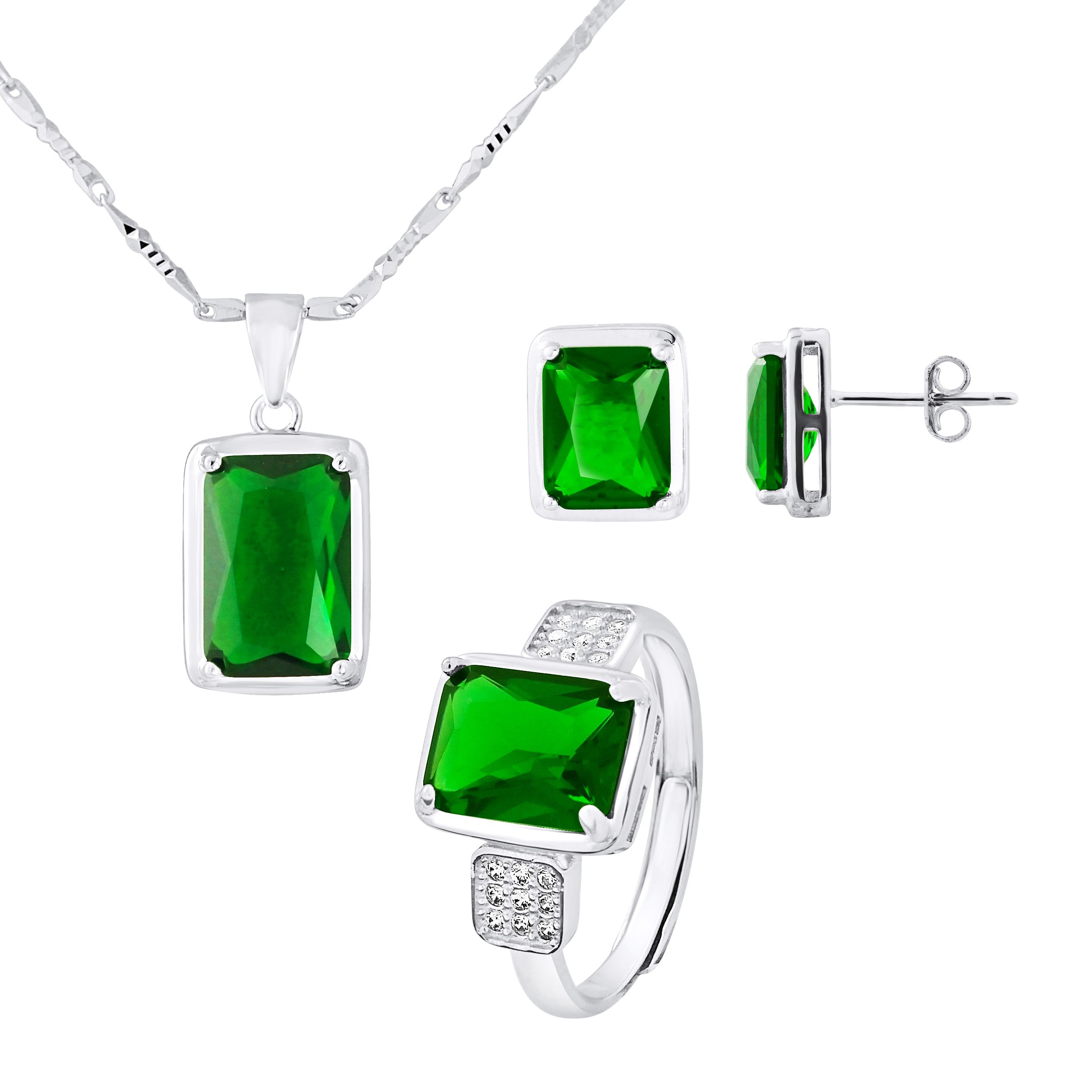 Ketting set, oorbellen en verstelbare ring "smaragdgroene kleur" kristal en zirkoniumoxiden 925 - Gatsby