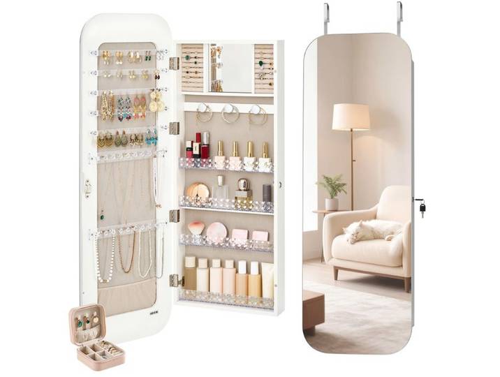 Armoire à Bijoux-VEVOR-avec Miroir Pleine Longueur-Organiseur de Bijoux-Montage Mural/Sur Porte-Hauteur 1080 mm