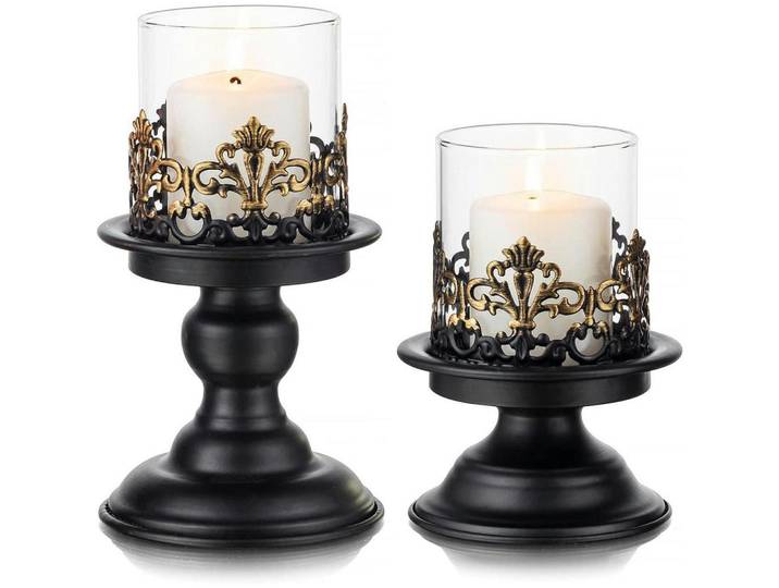 Kerzenständer 2-teiliges Set Metall Schwarz Matt mit Glas-Hurrikan, Mehrfarbig, 11.5x16x11.5 cm, Dekoration, Kerzen & Kerzenhalter, Teelichthalter