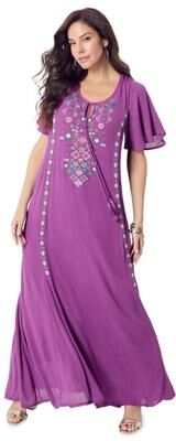 Plus Size Women's Plus Size Flutter Sleeve Hand Crinkled Maxi Dress - Curvy A-Line by Roaman's in Purple Folk Embroidery (Size 18/20)