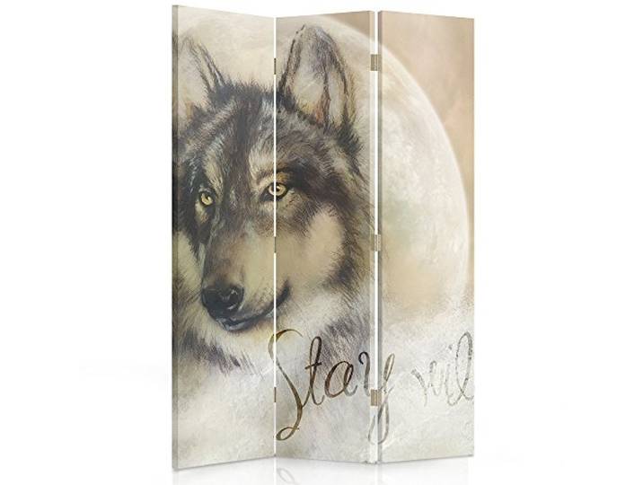 Feeby Paravent Wolf Mond Braun 110x150 cm 3 Teilig Modern Design beidseitig Raumteiler Wandschirme Foto Trennwand Raumtrenner Sichtschutz Spanische Wand auf Leinwand Bedruckt Weiß Beige