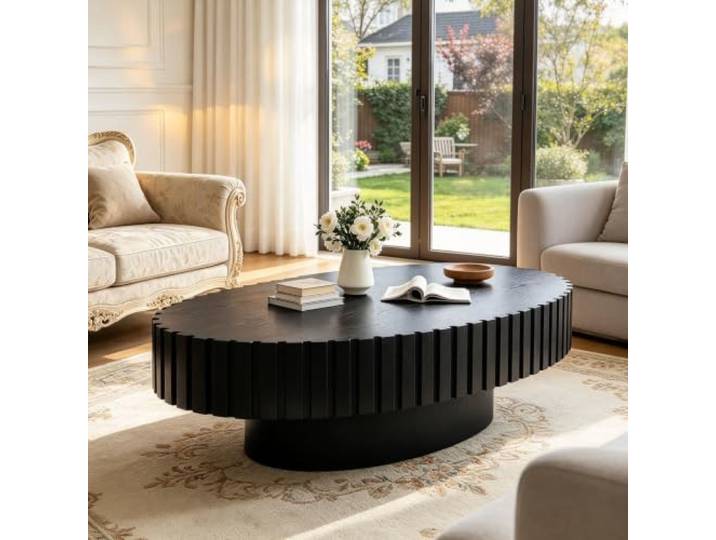 FeiZhiYanS Moderner ovaler Couchtisch mit stabilem Untergestell Handgefertigter Couchtisch mit geriffeltem Relief-Design (furniert), einfache Montage – für Wohnzimmer oder Empfangsbereiche
