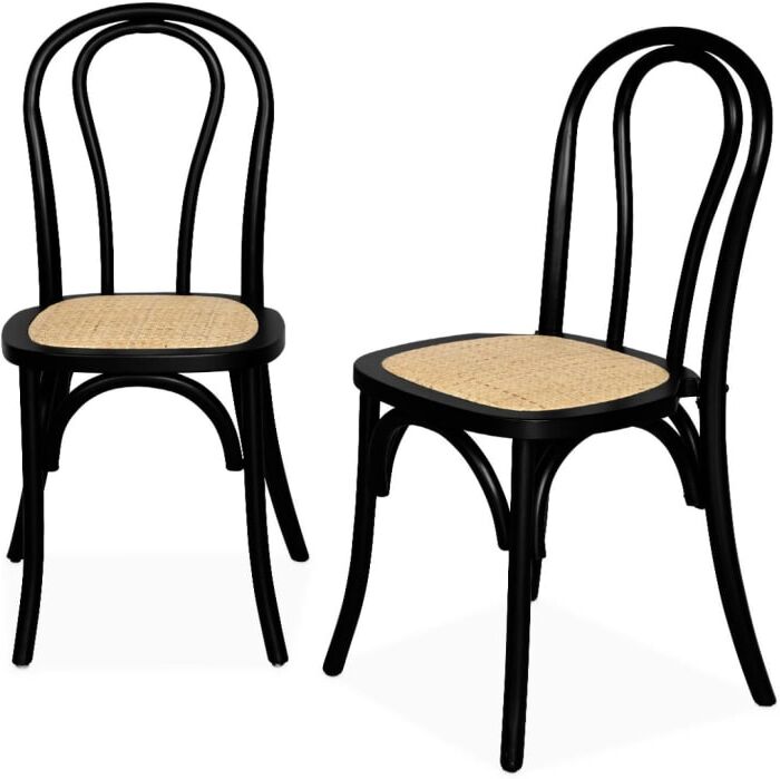 sweeek Chaise en bois et rotin arrondie noir (lot de 2) Noir 49x90x48cm