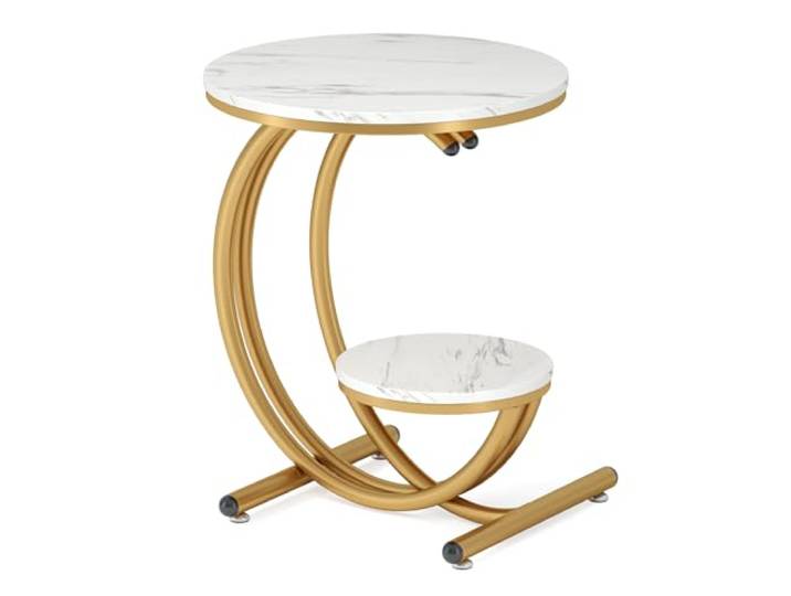 LITTLE TREE Beistelltisch in Marmoroptik, moderner zweistöckiger runder Beistelltisch mit C-förmigem Gestell für kleine Wohn- und Schlafzimmer