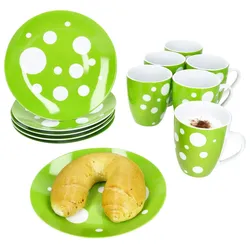 Pula grün 12tlg Frühstücksset Porzellan Kuchenteller Kaffeebecher Punkte
