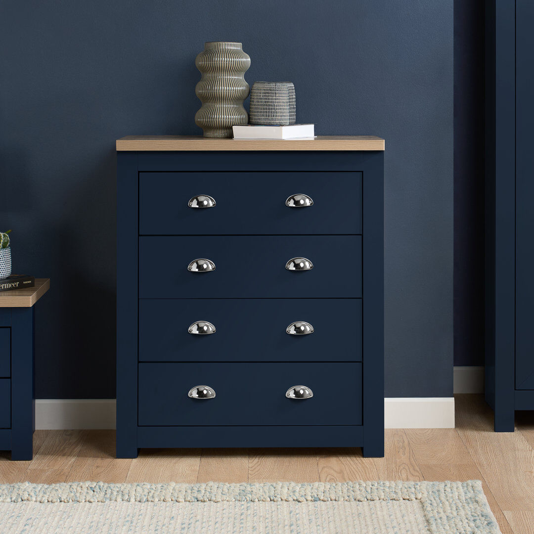 August Grove Napanoch 4 Drawer Chest Navy Blue/Oak 94cm H X 79cm W X 39.5cm D