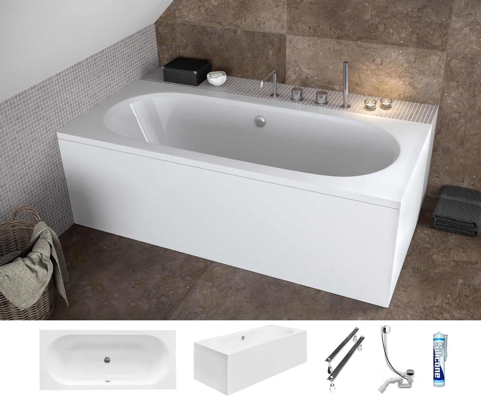 ECOLAM Badewanne Wanne für Zwei Acryl Vi-Besco Rechteck 150x75 Schürze Füße Silikon Ablaufgarnitur GRATIS