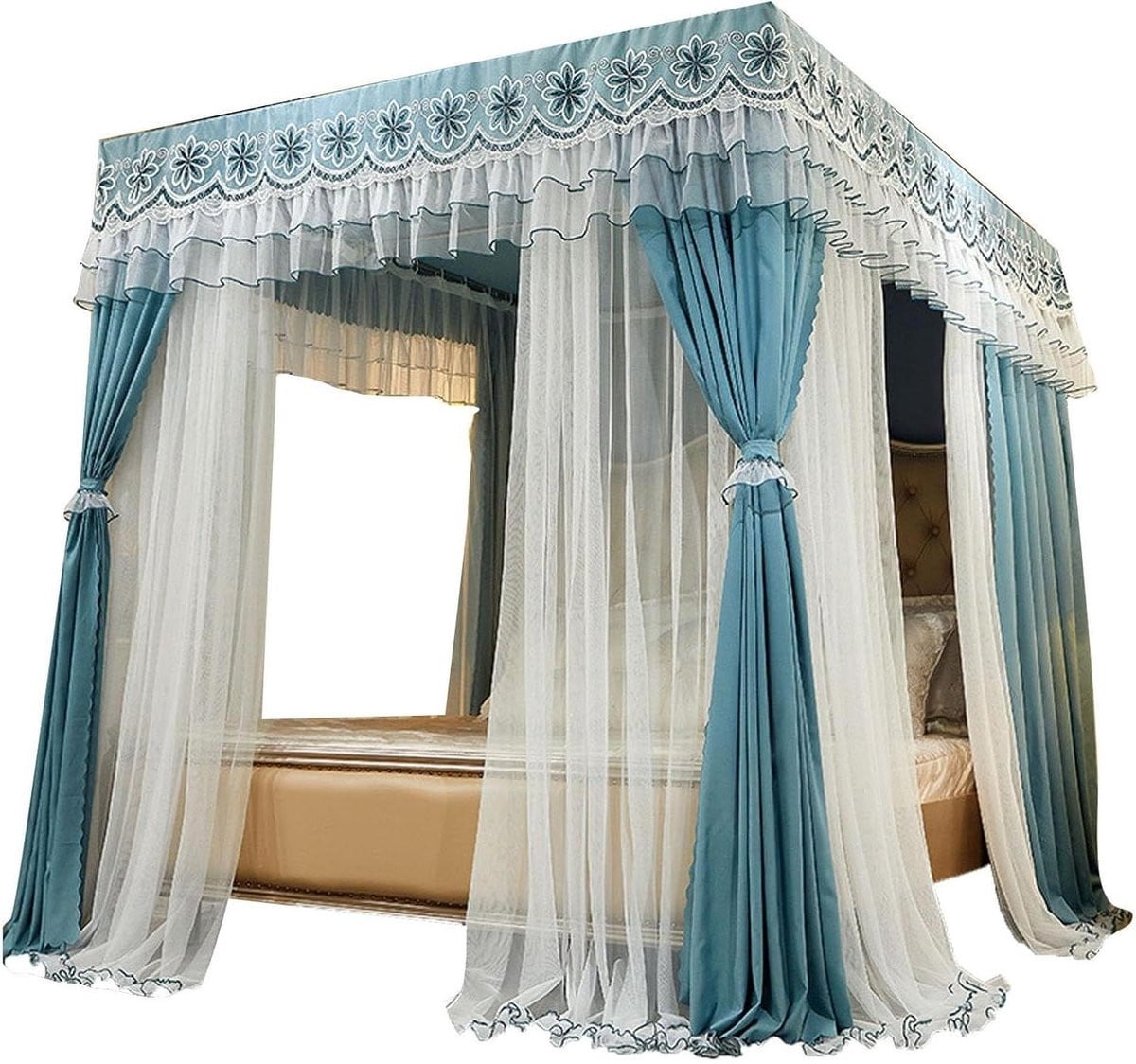 Blauwe dubbellaagse klamboe bedgordijnen voor een hemelbed, 180x200cm