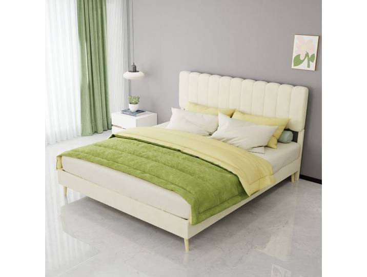 Lit rembourré moderne 160x200 cm beige cadre de lit plateforme tête de lit capitonnée sans rangement