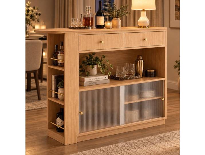 ROVRYN Îlot central bar extensible pivotant 360 avec rangement 2 tiroirs et LED décor chêne