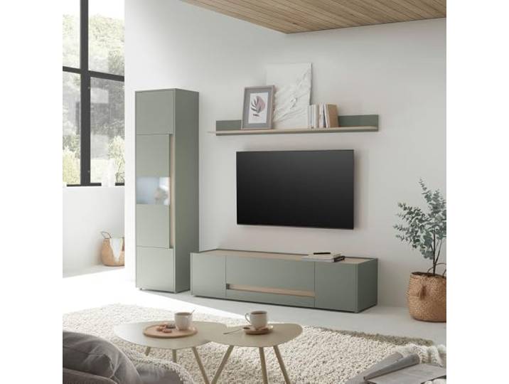 Lomadox Wohnzimmer Set in grün mit Eiche inkl. Beleuchtung, 3-teilig mit Vitrine, Regal, Lowboard