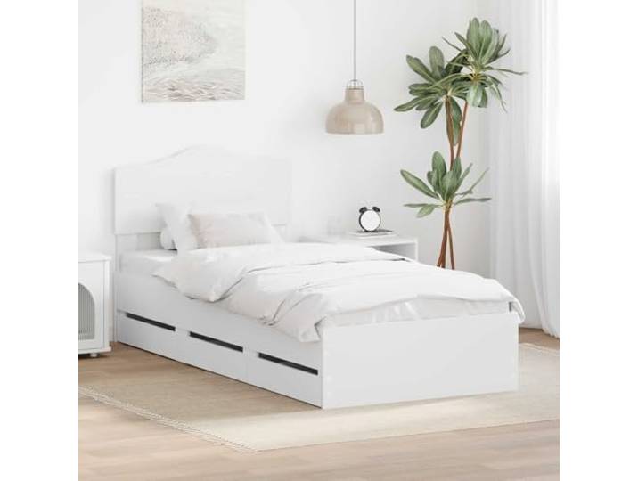 RJPLMFV Bettgestell mit Schublade, Weiß, 90 x 200 cm, Holz, Technik Integriertes Kopfteil, versteckte Aufbewahrung, einfache Bodenmontage, Reinigung mit feuchtem Tuch