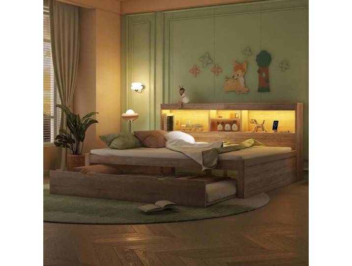 Lit de jour - KOMHTOM - 140x200 cm - LED intégrée - Lit escamotable 90x190 - Rangement latéral & prise USB