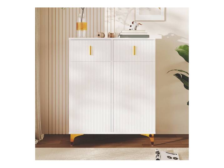 EXTSUD Sideboard Weiß mit Strukturfront – 2 Türen, 2 Schubladen, Gold-Beine