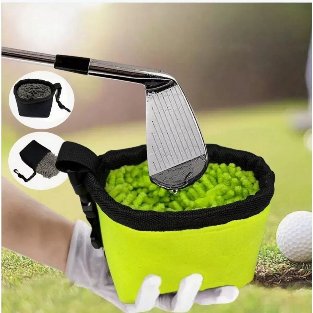 INF Multifunktionaler tragbarer Golf-Schläger-Reinigungsbeutel - Polyester mit Neopren Easy-Clean abnehmbarem Wischtäschchen Grün