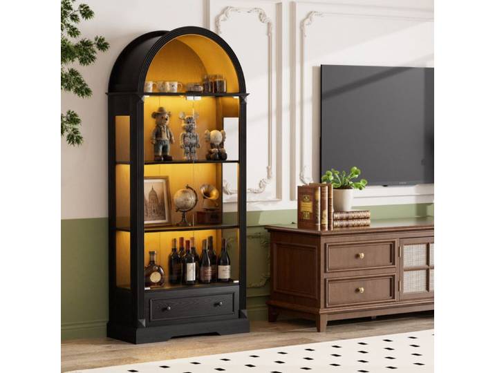 Maisentiel Vitrine haute 180 cm noire en MDF et verre forme arche portes vitrées LED tricolore tiroir