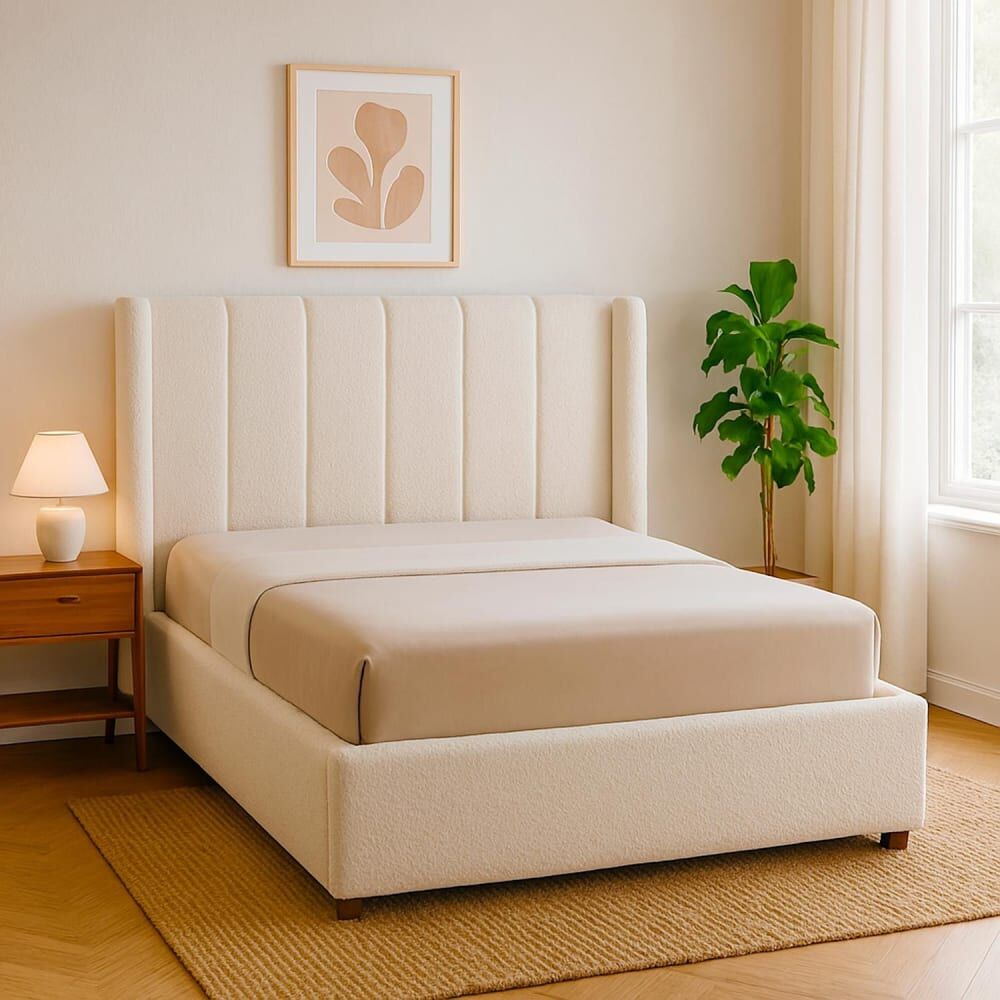 Menzzo Lit double avec sommier relevable 140x190cm tissu bouclette crème Beige 148x110x207cm