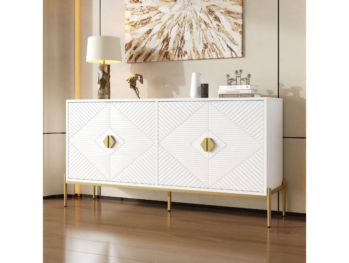 Desmiu Buffet Et Enfilade 4 Portes Avec Rangement\, Poignées Dorées\, Pour Salon Et Entrée\, Blanc\, 162 × 40 × 80 Cm