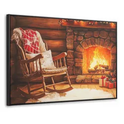 LEINWAND Bilder mit Rahmen - Winter - Weihnachten - Zuhause - Kamin - 140x90