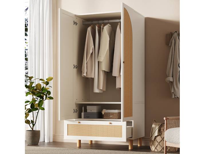 Armoire Penderie 85.5x52x180.5 Cm Blanche En Bois Avec Cannage\, Étagères Réglables Et Grand Tiroir