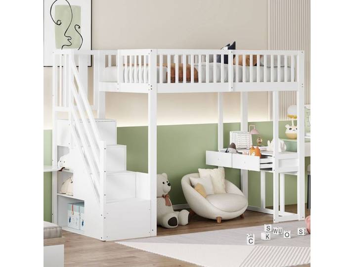Lit mezzanine - SOGEU - Mezzanine 90x200 - Bureau multifonction - Escalier rangement - Bois de pin massif Blanc