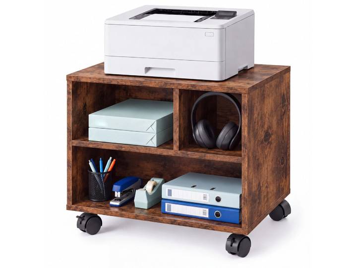 Relaxdays Druckerständer Vintagebraun mit Rollen 3 Fächer, Braun, Holzwerkstoff, Kunststoff, 40.5x35x30 cm, Büromöbel, Büroregal, Aktenregale