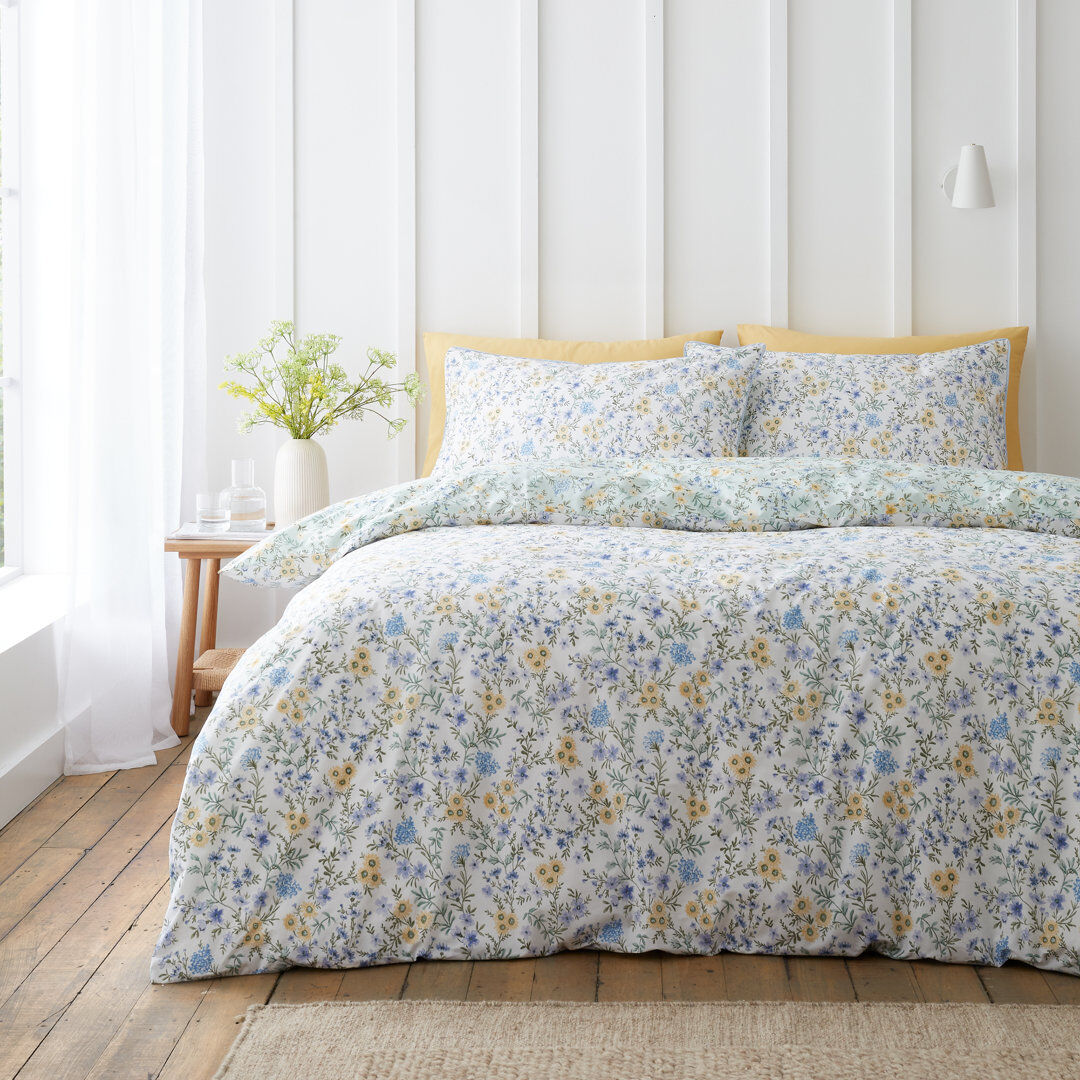 Bianca Cotton Ditsy Floral 200 Thread Count Cotton Reversible Duvet Cover Set Green Super King