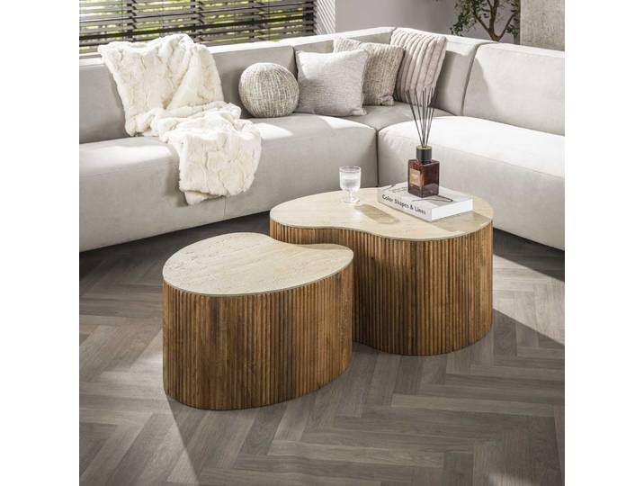 Couchtisch Set Beleto , nierenförmig , 2-teilig , Mangoholz massiv , sandfarbe