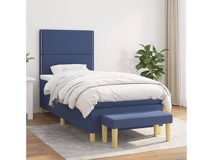 RJPLMFV Lattenrost mit Matratze, Taschenfedern, 90 x 190 cm, Blau Verstellbares Kopfteil, mittelharte Halterung, atmungsaktiver Stoff, Sitzbank am Ende des Bettes inklusive