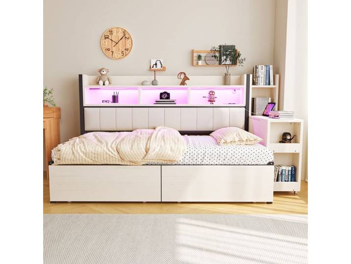 Lit simple multifonction blanc avec bureau coulissant rangements et prises