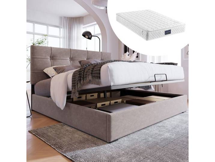 Lit double hydraulique - TRUXEN8 - 140x200cm - Velours gris clair - Tête de lit réglable