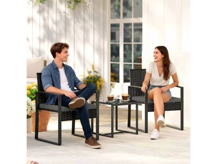 VUENOR Ensemble table et chaises de jardin 2 personnes gris foncé – coussins déhoussables