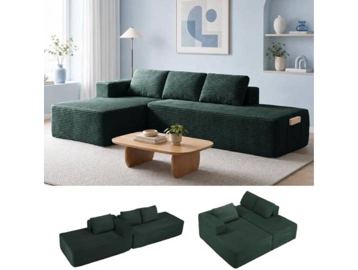 COMHOMA Ecksofa mit Schlaffunktion, 255cm Corduroy Modulares Boneless Couch mit Chaiselongue & Rücken-Metallgestell, L-Form Schlafsofa mit offenem Design, Kissen & Seitentaschen,für Wohnzimmer, Grün