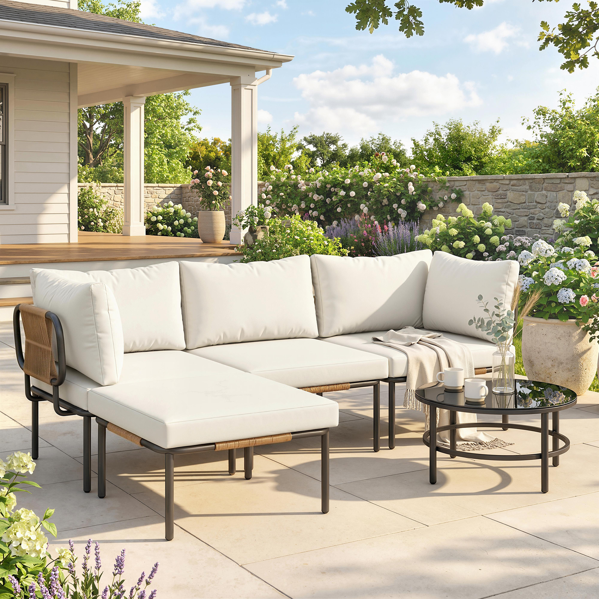 Outsunny Set Giardino 5 Pezzi, Rattan Componibile L con Cuscini, 192x126x60 cm, Colore Cachi   Aosom Italy